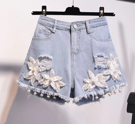 Embroidered Beaded Denim Shorts for Women