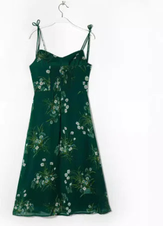 French Retro Floral Print Slit Suspender Dress