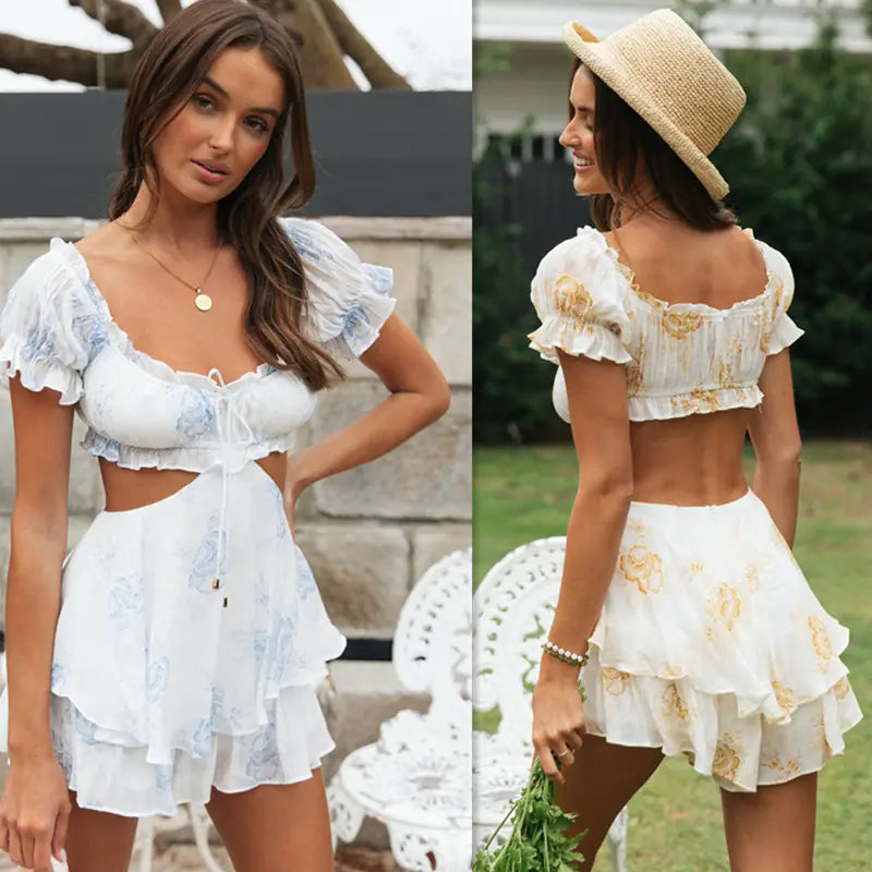 Waist Lotus Leaf Swing Short Dress