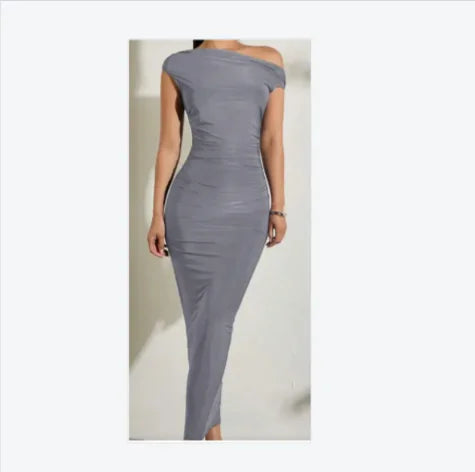 One-Shoulder Pleated White Dress