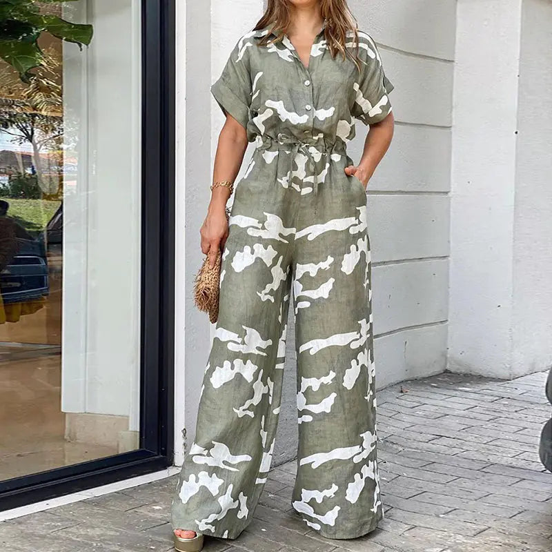 Casual Fashion Print Lace-Up Straight Jumpsuit