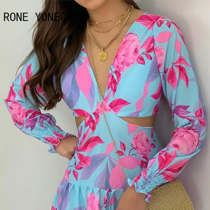 Women's Casual Deep V-Neck Long Sleeve Floral Dress