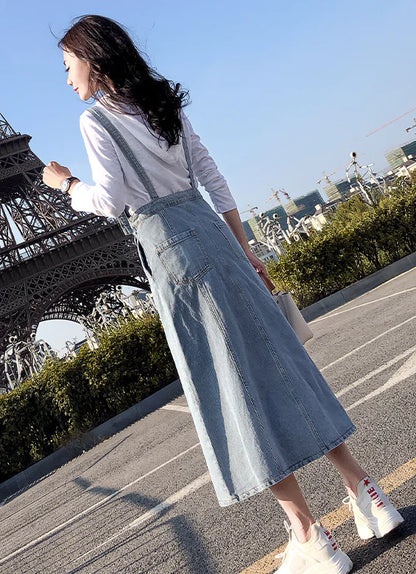 Button Strap Denim Dress, Denim Overall Dress