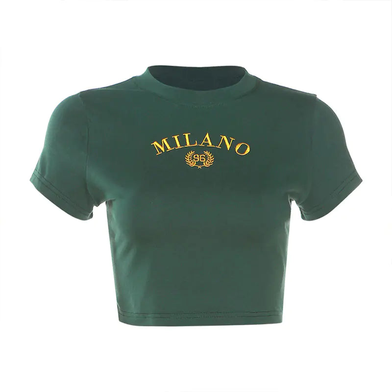 Embroidered Letter Print Retro Short Sleeve Blouse