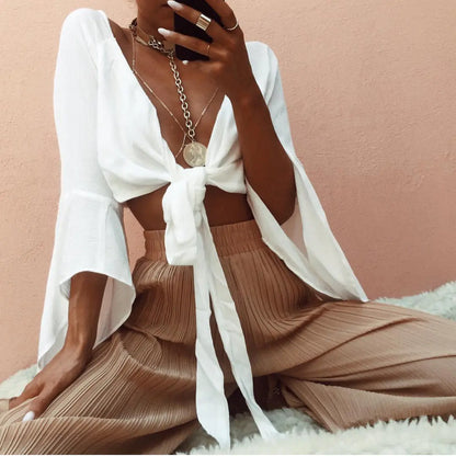 Spring Collection White Chiffon V-Neck Blouse