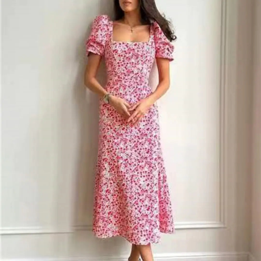 Floral Short Sleeve Dress for Women's Waist Slimming