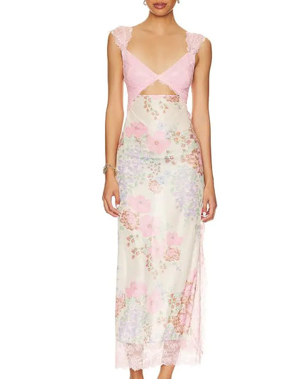 TRURENDI Women Spaghetti Strap Long Dress Ruffled Floral Print Sleeveless Dress Summer Cocktail Party Maxi Dress (b-Pink M)