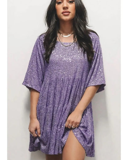 Fashionable Sequin Round Neck Loose Short Sleeve Dress