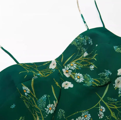French Retro Floral Print Slit Suspender Dress