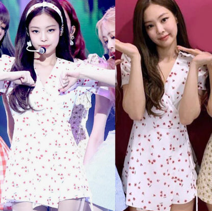 White Floral Dress with V-Neck and Short Sleeves