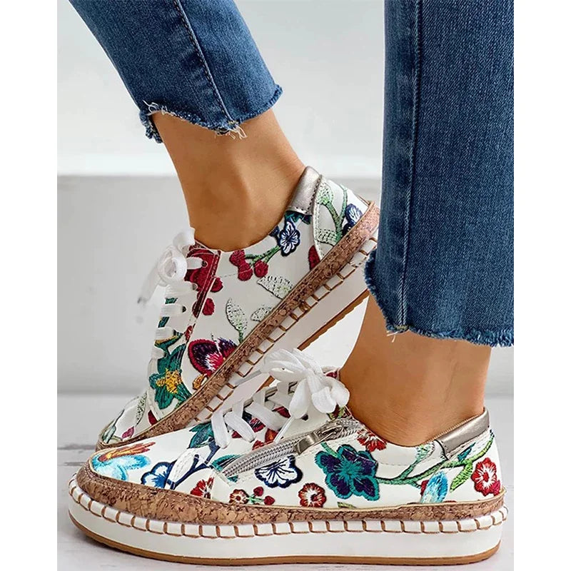 Elegant Floral Lace-up Women's Casual Sports Shoes