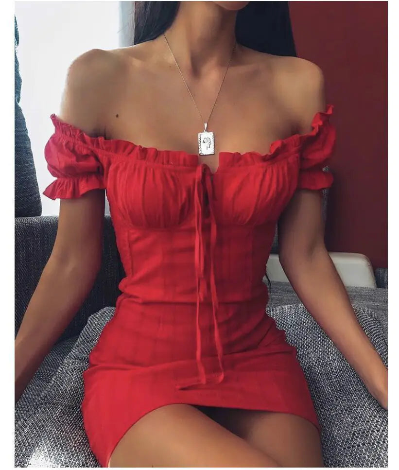 Off-Shoulder Short Sleeve Mini Dress (European Style)