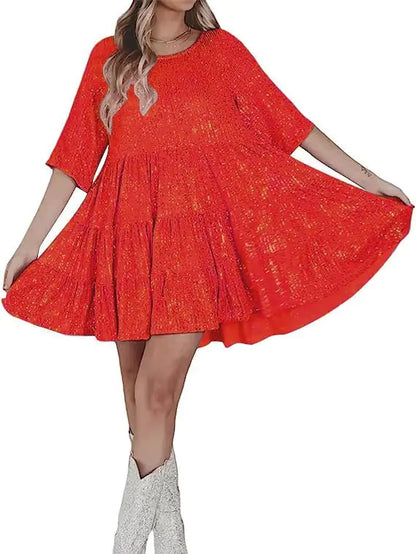Fashionable Sequin Round Neck Loose Short Sleeve Dress