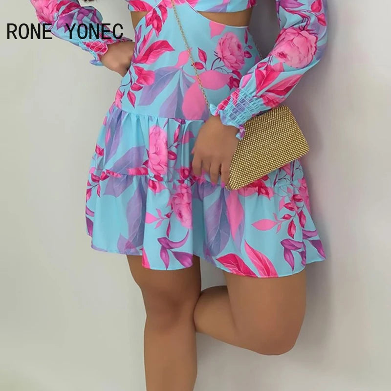Women's Casual Deep V-Neck Long Sleeve Floral Dress