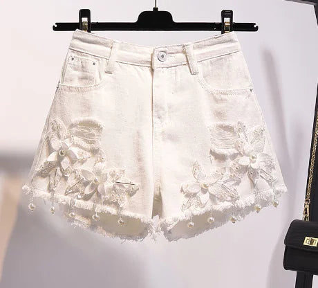 Embroidered Beaded Denim Shorts for Women
