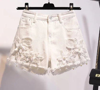 Embroidered Beaded Denim Shorts for Women